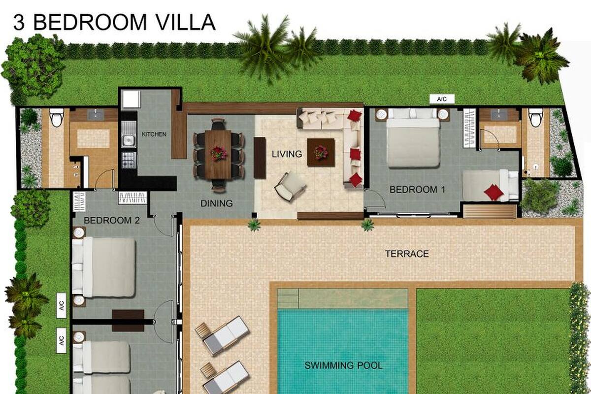 A 3-bedroom villa with a swimming pool, terrace, and garden.