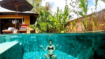 Outdoor pool, pool umbrellas, pool loungers