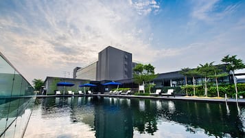 Outdoor pool, pool umbrellas, pool loungers