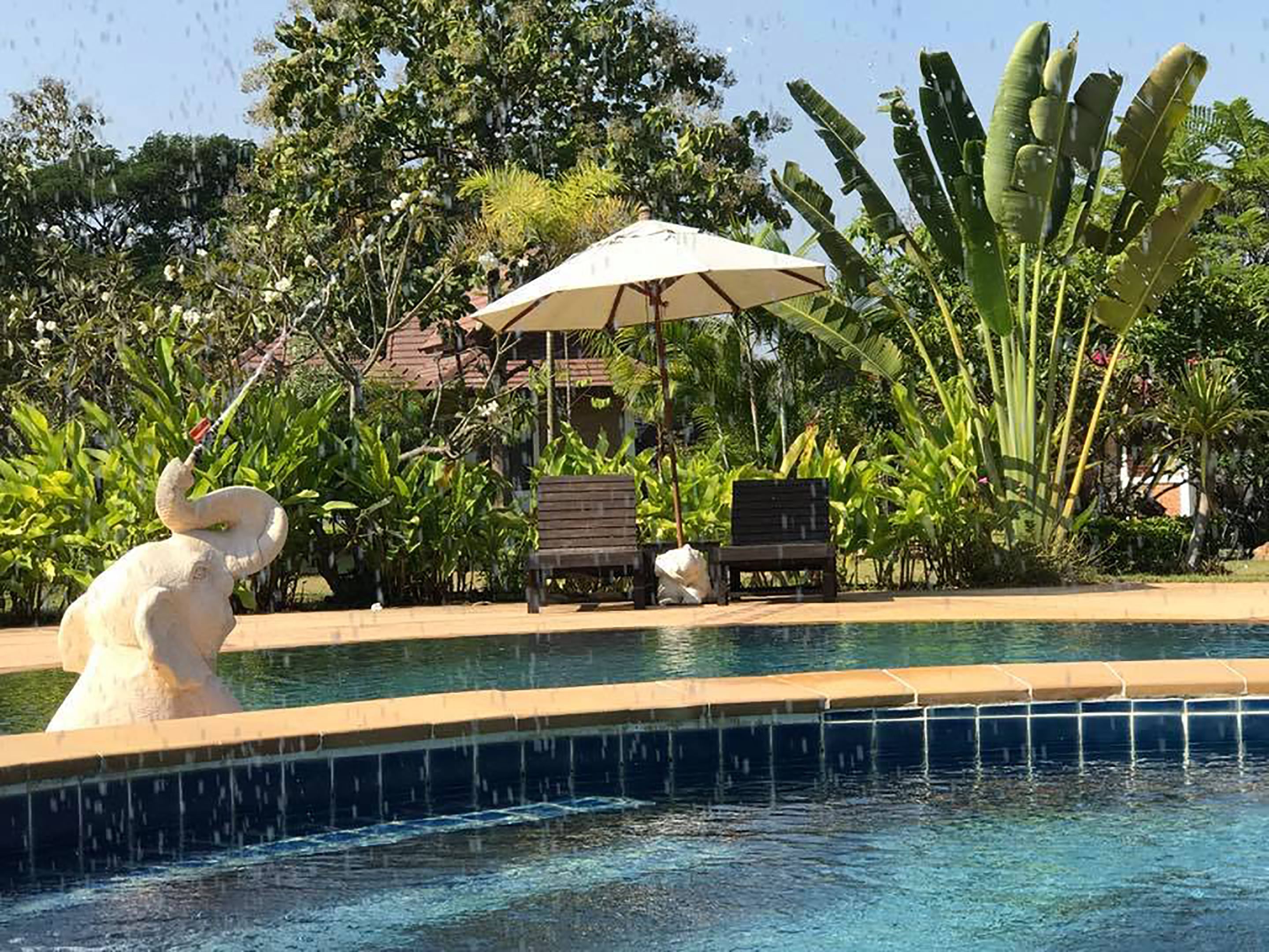 outdoor pool, open 7 am to 7:30 pm, pool umbrellas