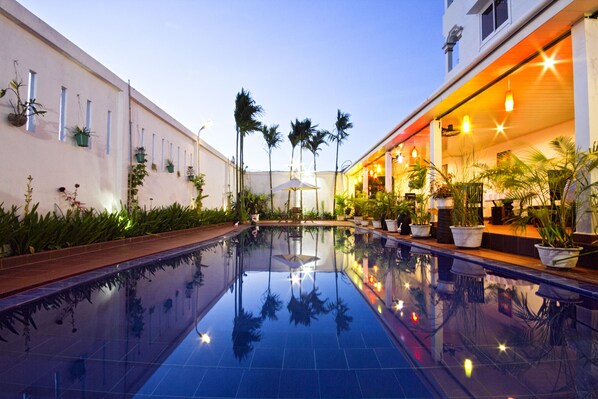 Outdoor pool, pool umbrellas, pool loungers