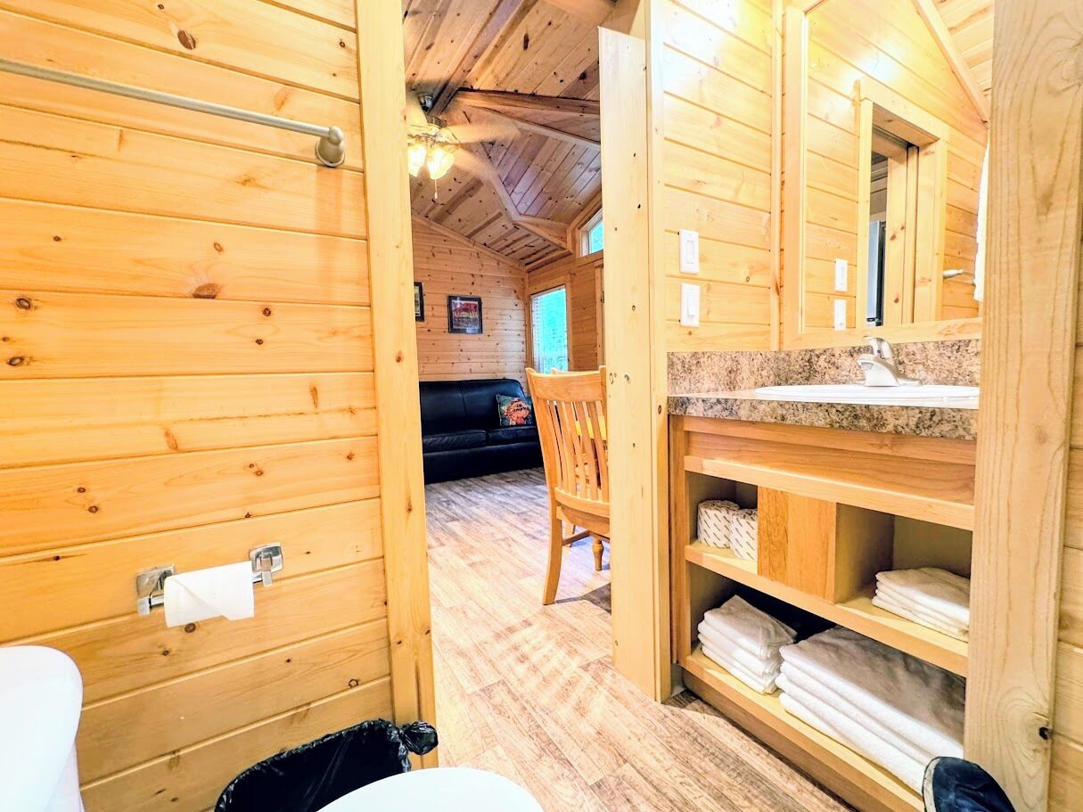 Combined shower/tub, towels