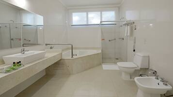 Ein modernes Badezimmer mit einer großen Badewanne, einer separaten Duschkabine, einer Toilette und einem Bidet.