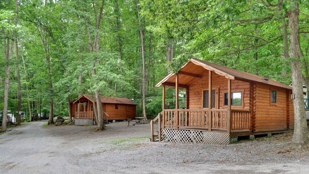 A cabin with a porch and a small deck, surrounded by dense forest. - Sun Valley Camping and RV Resort (Narvon)
