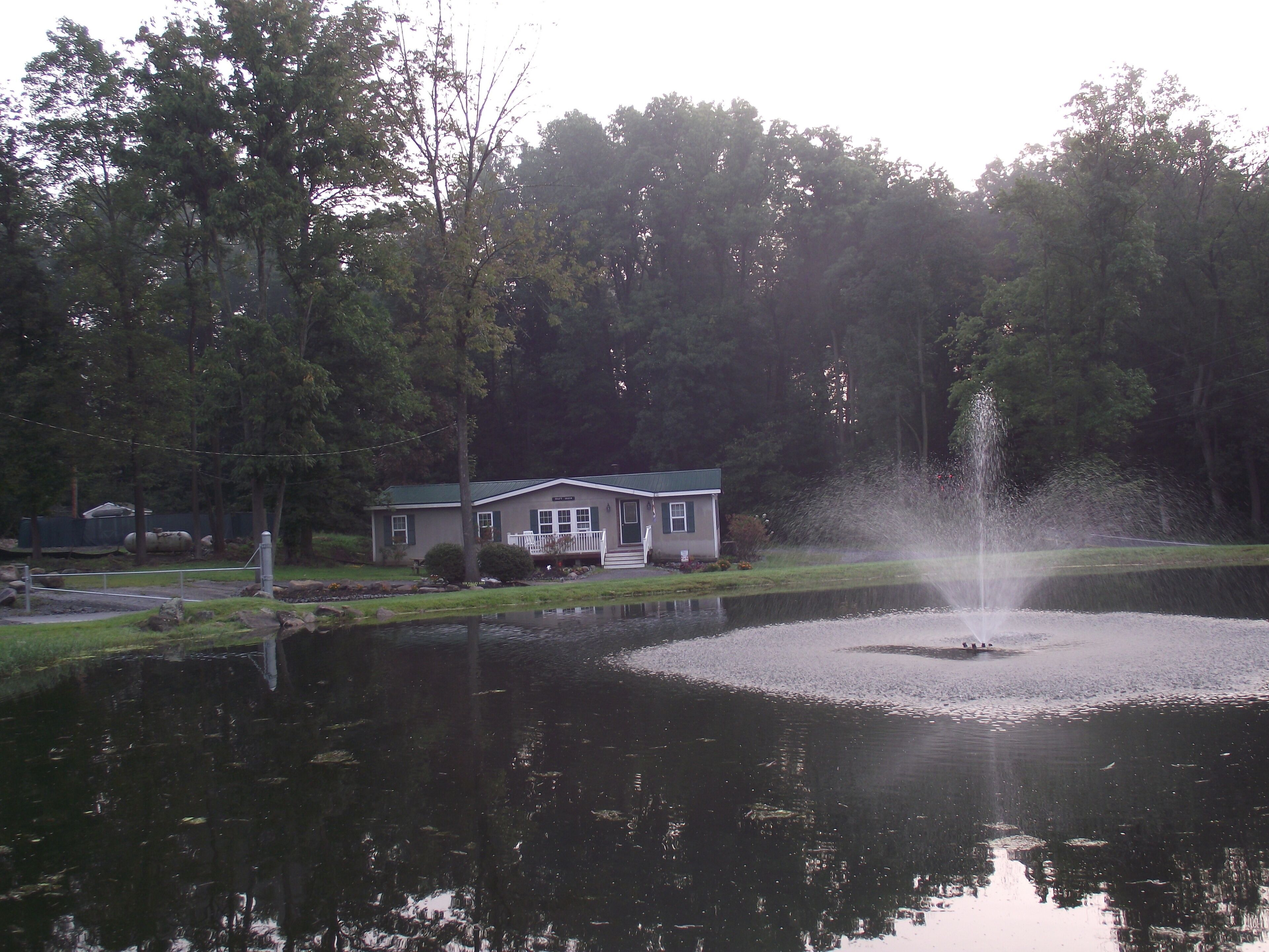 A house with a pond and a fountain in front.