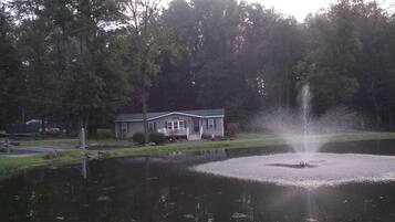 A house with a pond and a fountain in front.