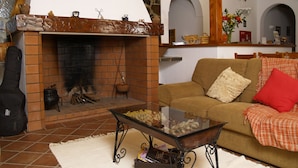 A cozy living room with a fireplace, a sofa, and a coffee table. - Nave Redonda do Cerro (Odemira)