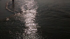 A beach scene with a person standing in shallow water, waves approaching, and a bright sun in the background. - Nave Redonda do Cerro (Odemira)