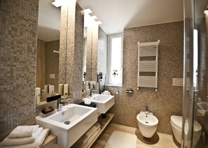 Shower, hydromassage showerhead, designer toiletries, hair dryer