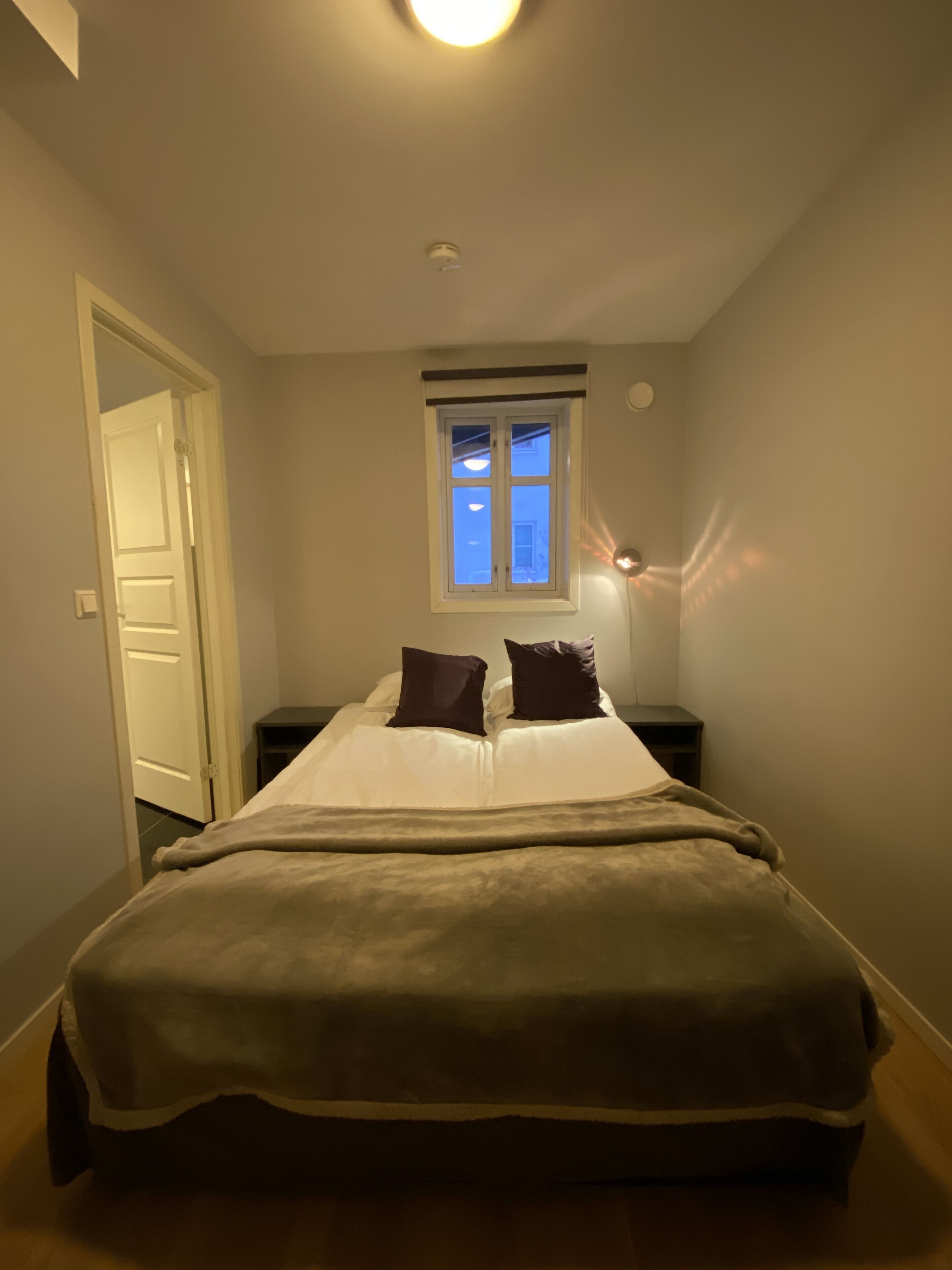 A bedroom with a bed, two nightstands, a window, and a door.
