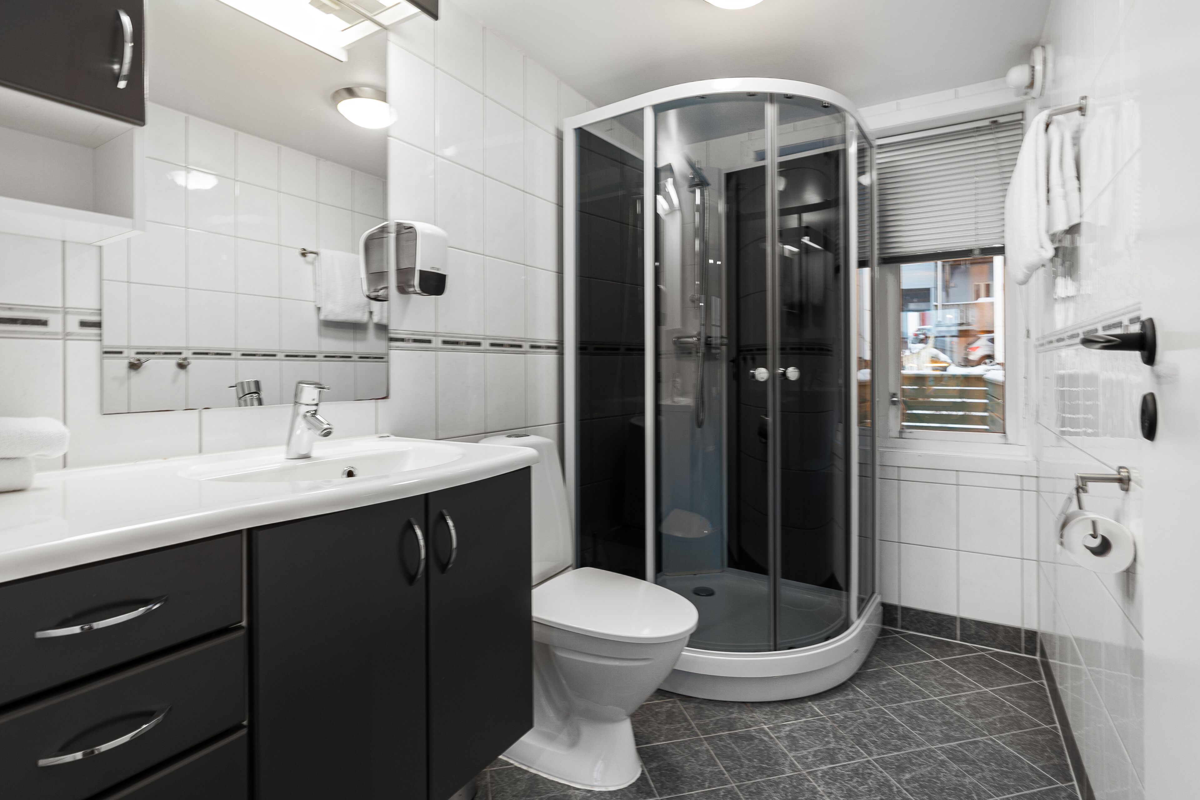 Une salle de bain moderne avec un lavabo blanc, des meubles sombres, des toilettes blanches et une douche à parois de verre.