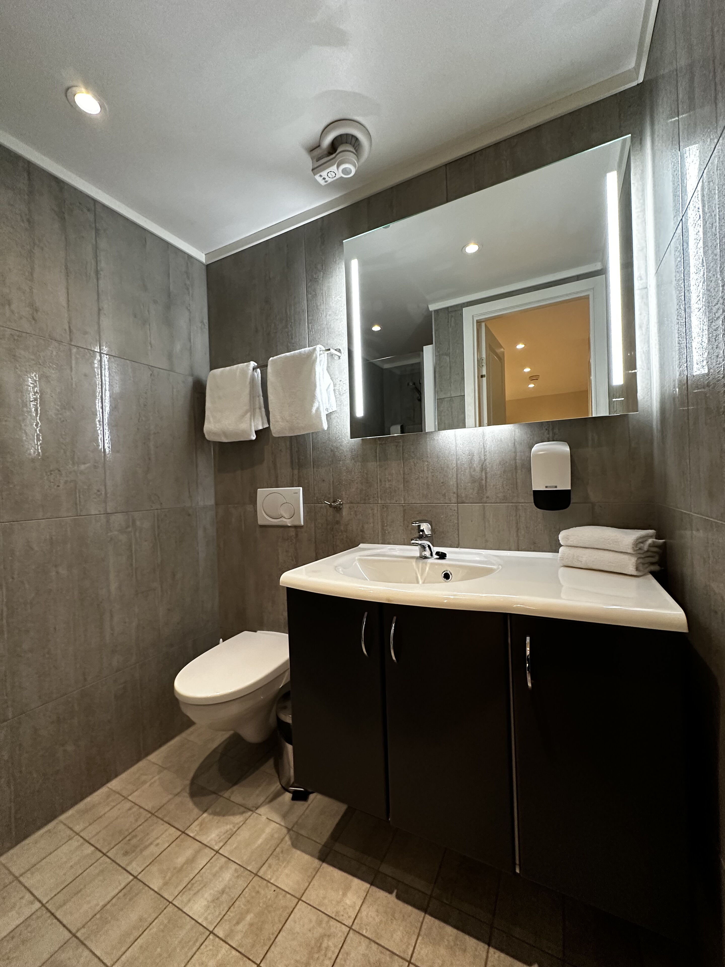Une salle de bain moderne avec des toilettes, un lavabo et un miroir.