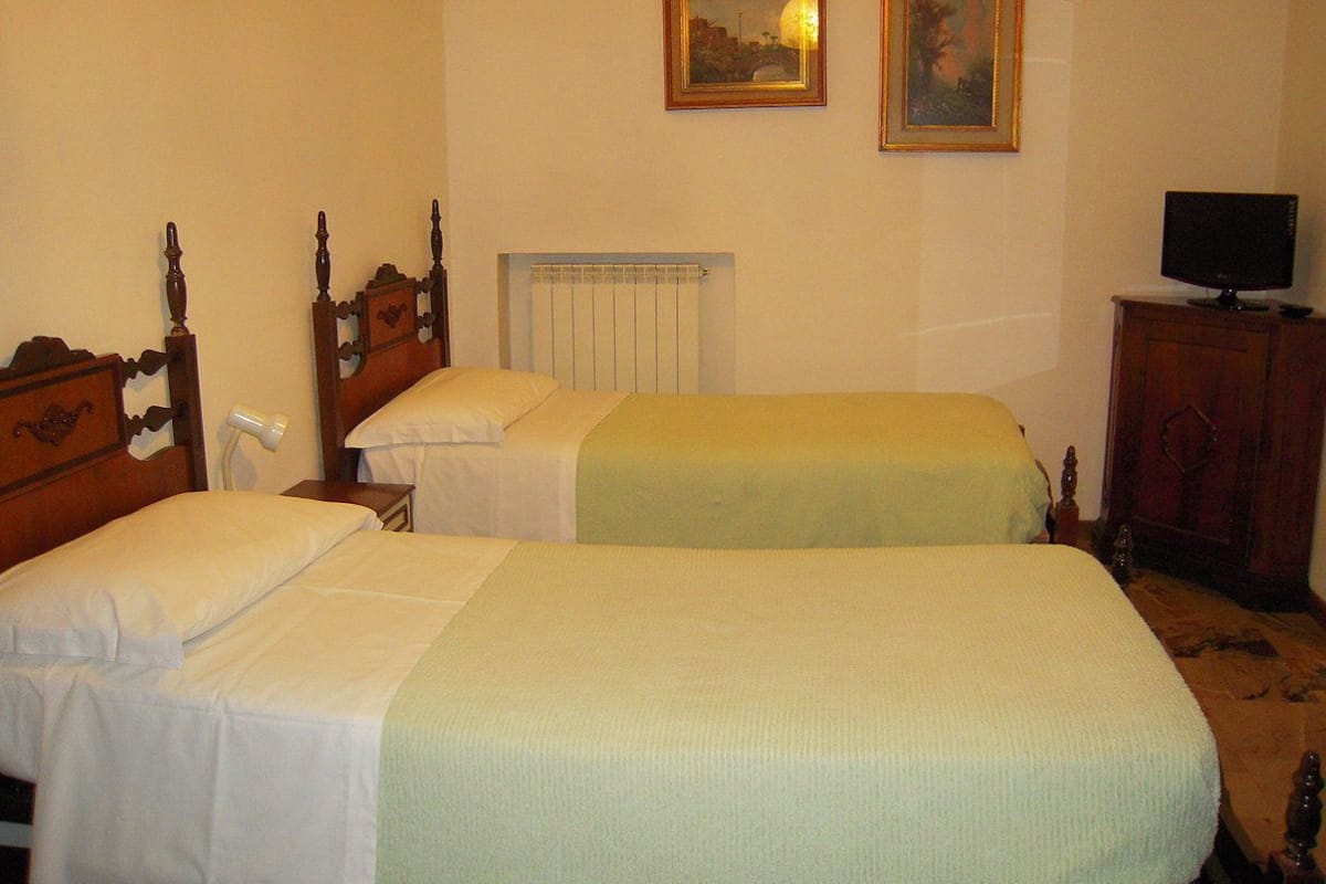 Two single beds with wooden headboards, a radiator, two framed pictures on the wall, and a television on a wooden cabinet.