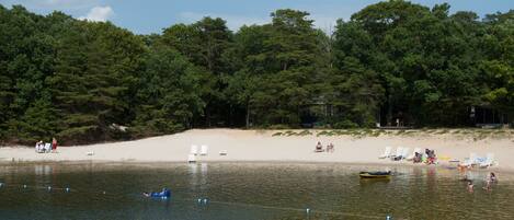 Una playa junto al lago, con agua cristalina y rodeada de árboles frondosos.