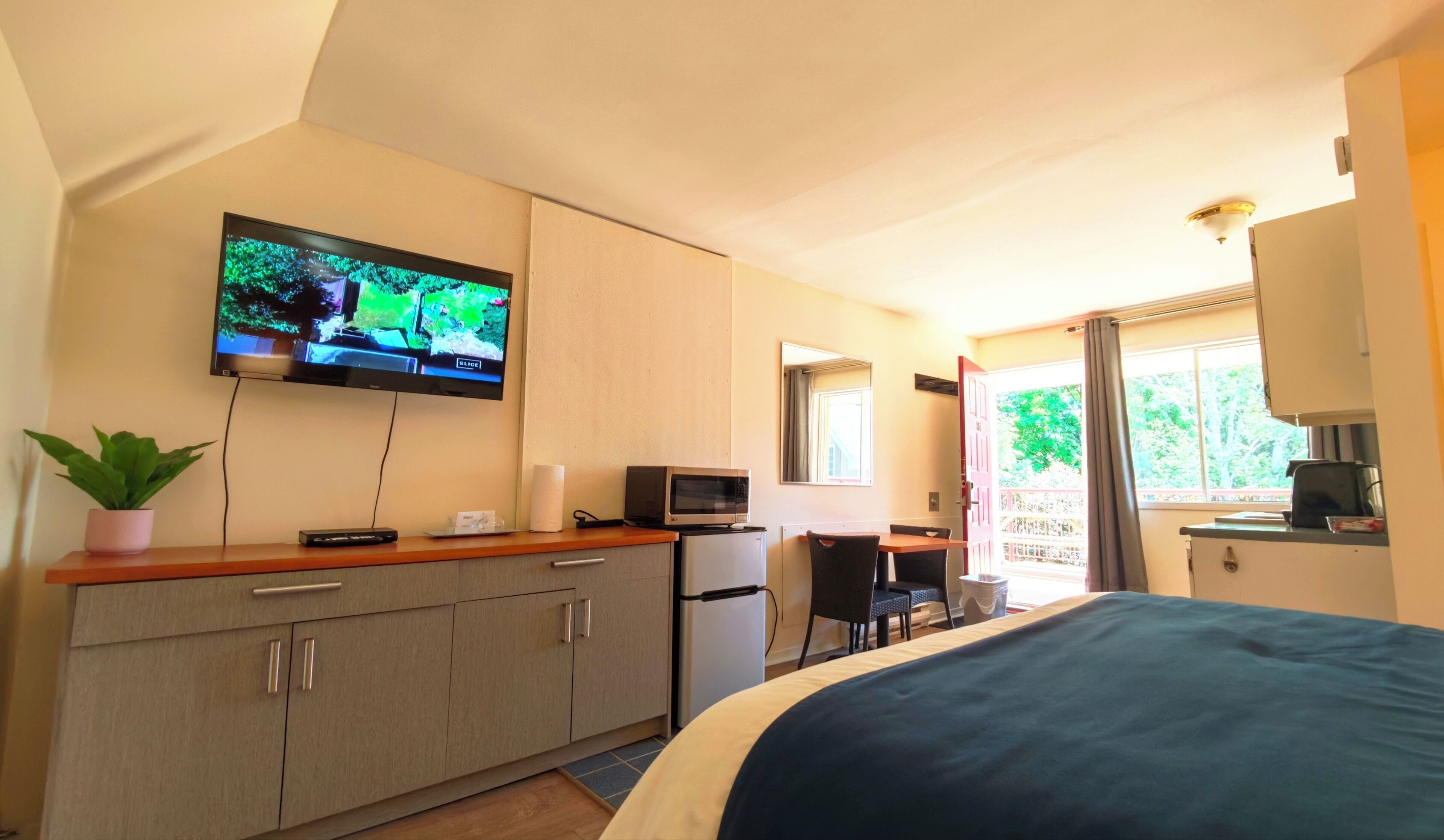 Quarto de hotel com cama, televisão fixada na parede, pequeno espaço de cozinha, escrivaninha e janela com vista para vegetação.