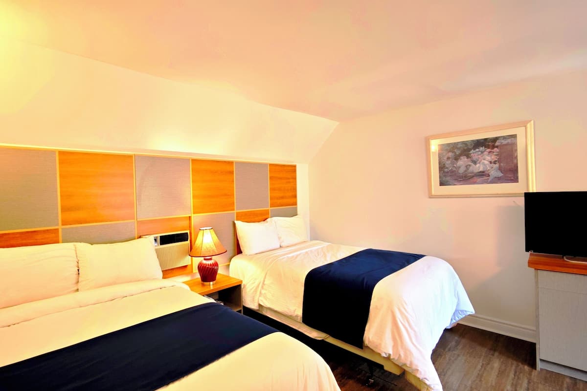 Une chambre d’hôtel avec deux lits, une table de chevet avec une lampe, une télévision et un tableau encadré au mur.