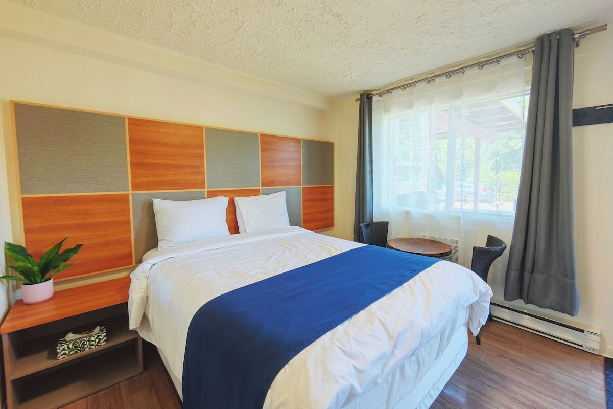 Une chambre d’hôtel avec un grand lit, une tête de lit en bois, une petite table, une chaise et une plante en pot.