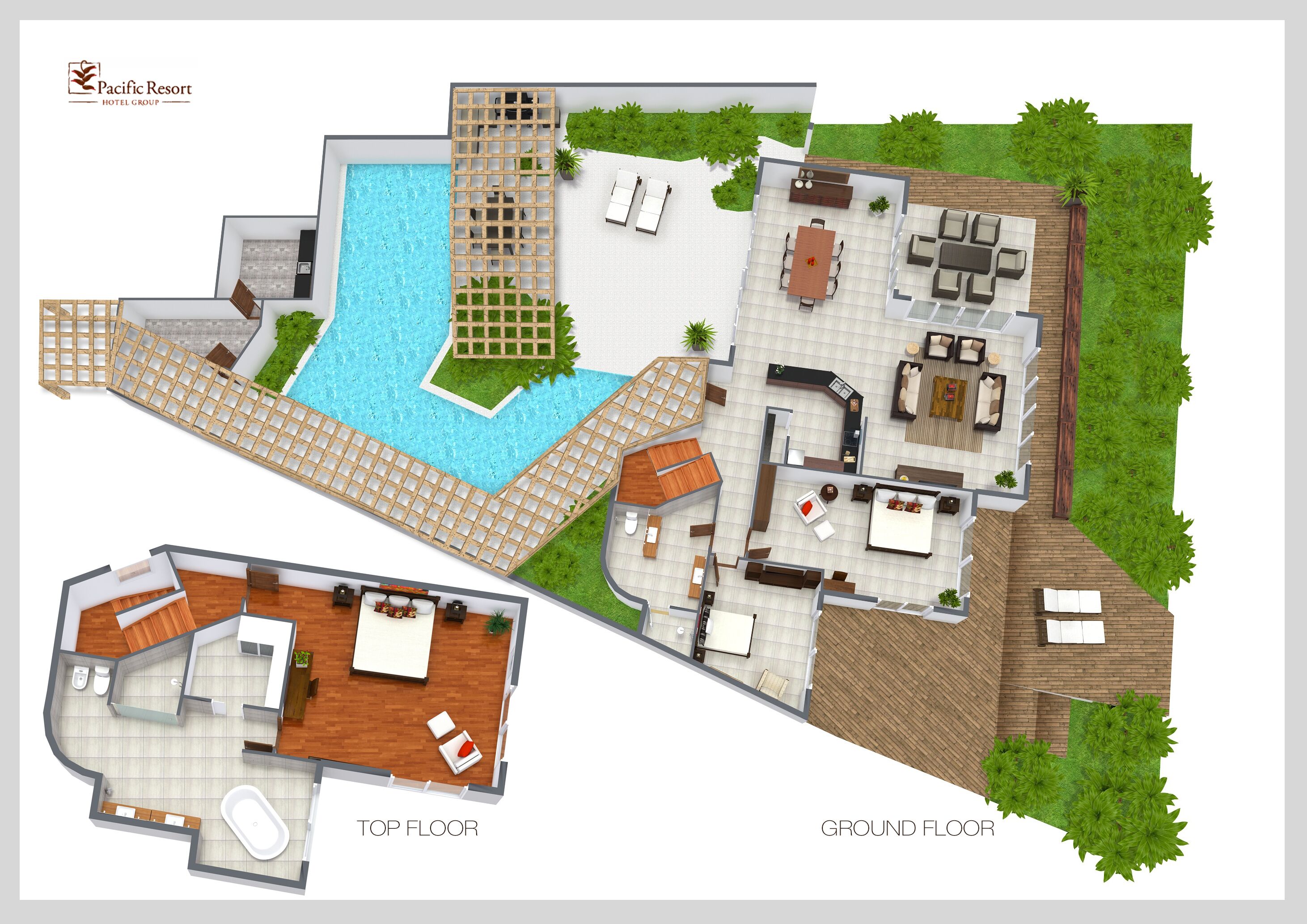 A top-down view of a hotel with a swimming pool, outdoor seating, and a separate bedroom area.