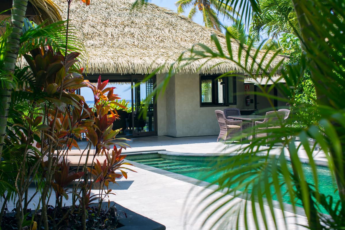 A pool area with a thatched roof structure, surrounded by tropical plants.