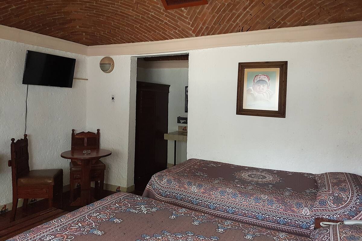 A room with a brick ceiling, a television mounted on the wall, a framed picture, a patterned rug, and a bed.
