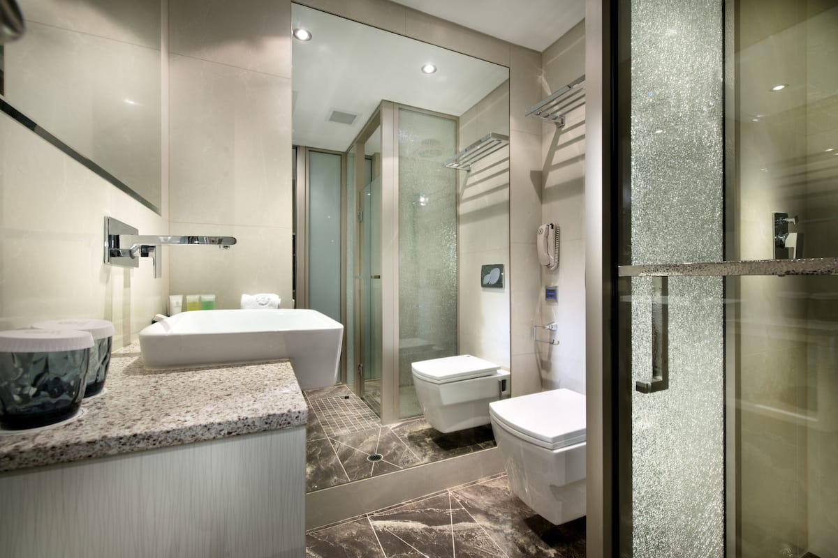 free toiletries, hair dryer, towels