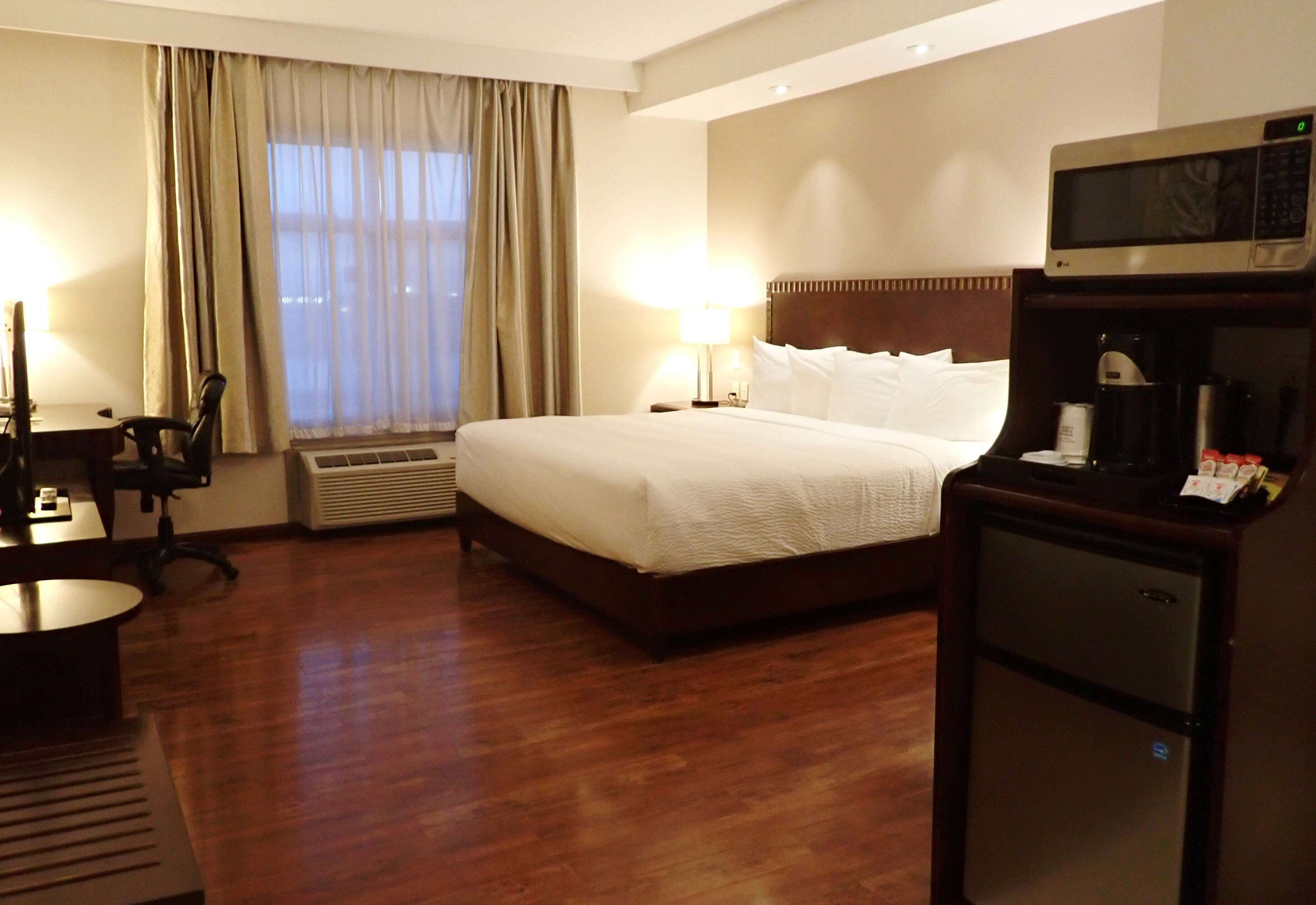 down duvets, desk, laptop workspace, blackout curtains