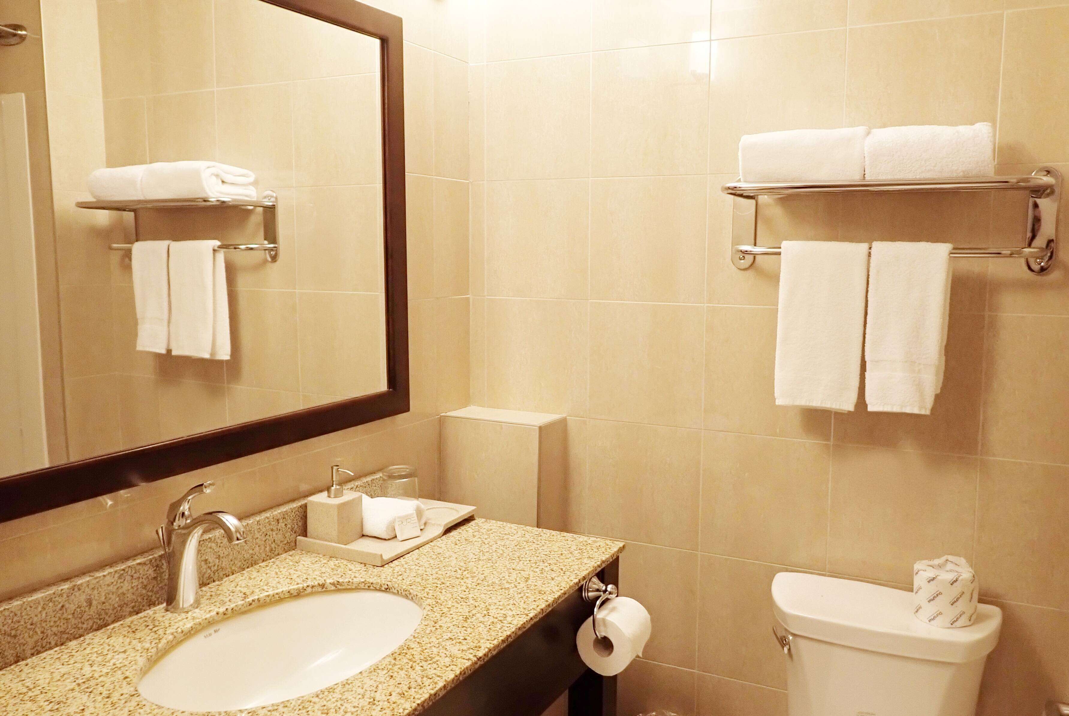 Une salle de bain équipée d’un lavabo, d’un miroir, d’un porte-serviettes, de toilettes et d’un support à papier toilette.