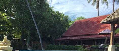 Außenpool, Sonnenschirme, Liegestühle