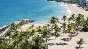 A beach with palm trees and a city skyline in the background. - Condado Vanderbilt Hotel (San Juan)