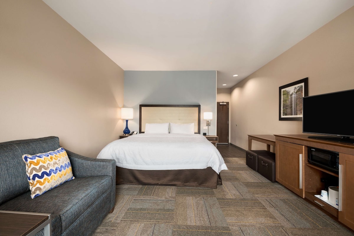 A hotel room with a bed, a sofa, a television, a desk, and a cabinet.