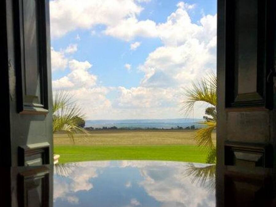 A view through a window with a decorative frame, reflecting a landscape with a clear sky, clouds, and greenery.