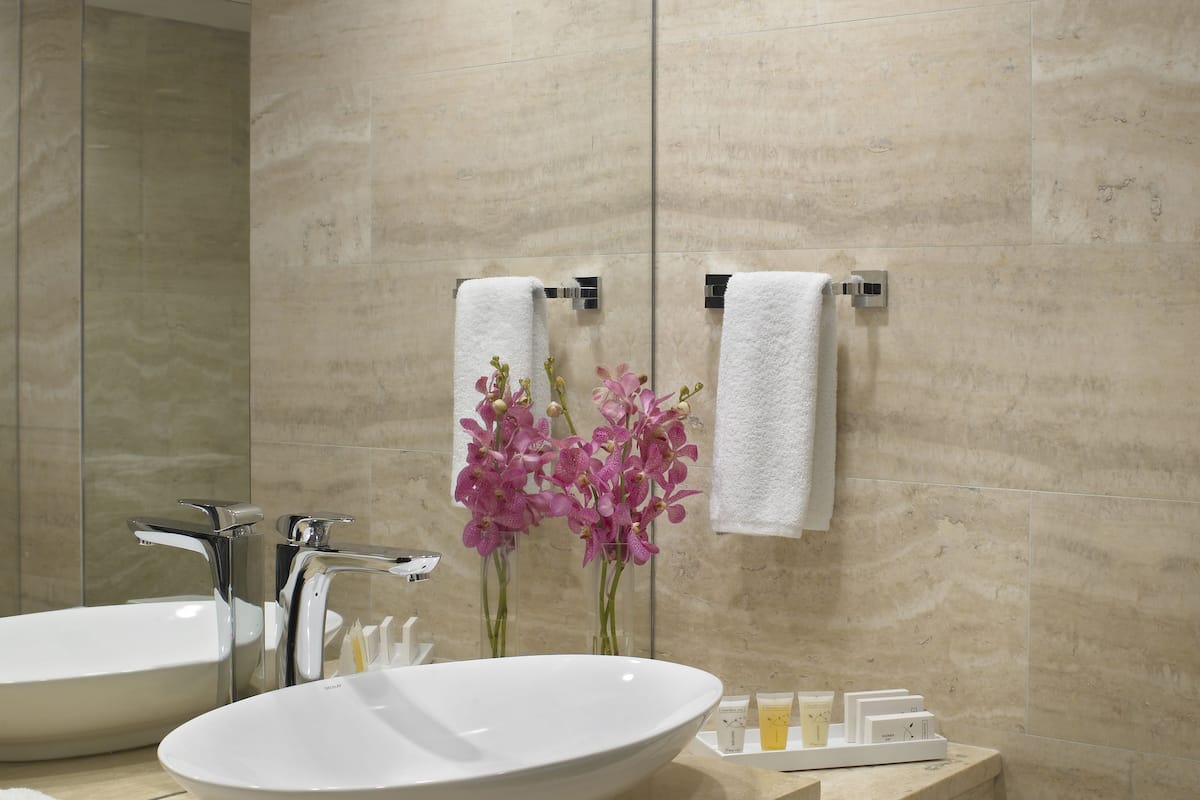 shower, hair dryer, bathrobes, towels