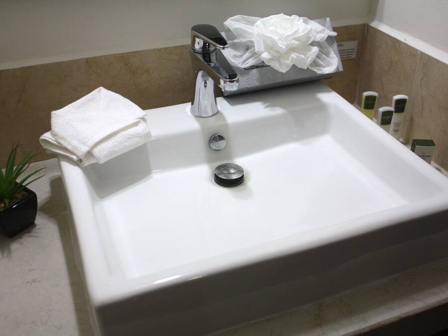 A bathroom sink with a towel, a potted plant, and toiletries.