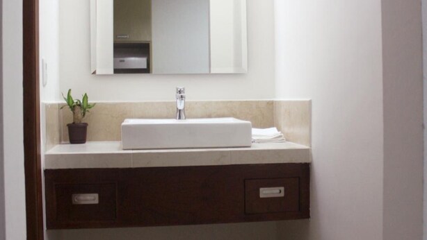 Un baño con lavamanos blanco, un espejo encima, una planta en maceta y un mueble con cajones.