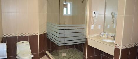 Un bagno con doccia in vetro, un water e un lavandino con specchio.