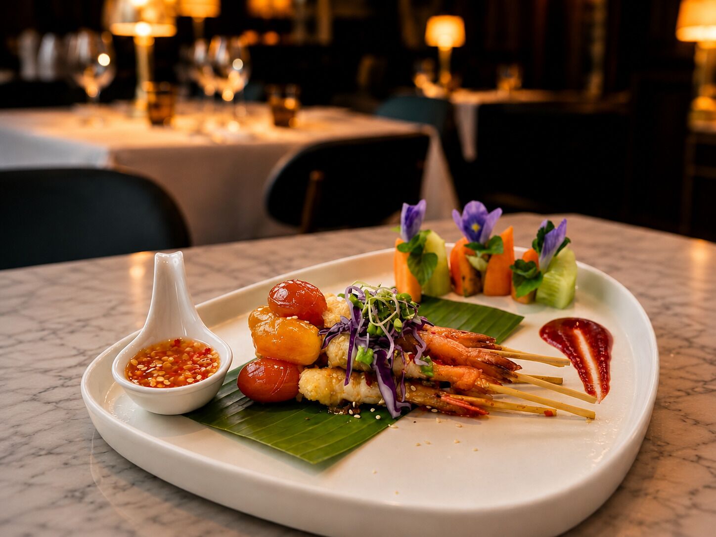 Une assiette de brochettes, accompagnée d’une sauce pour tremper et d’un petit bol de piment.