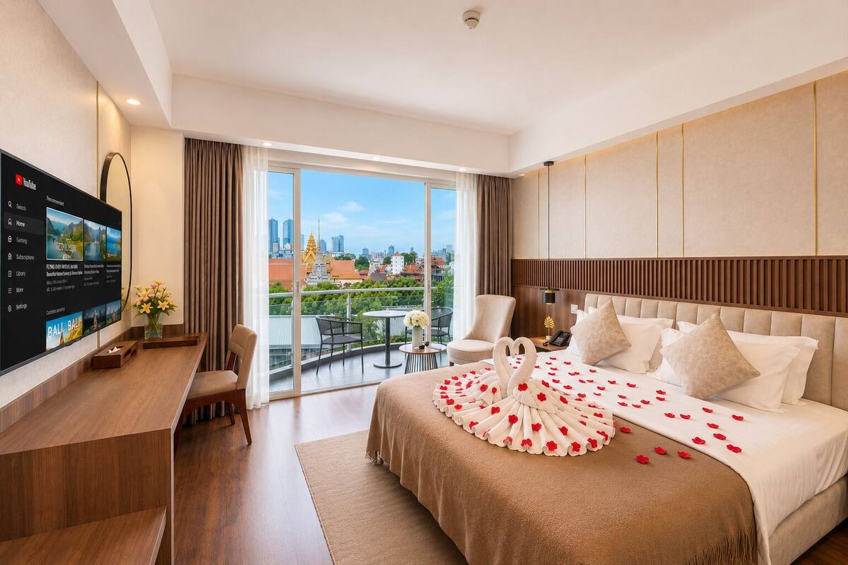 A hotel room with a bed, a desk, a TV, and a balcony with a city view.