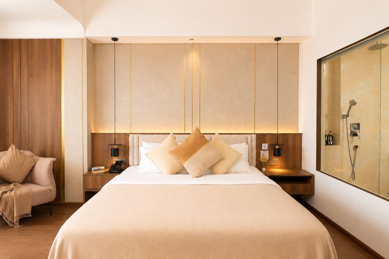 Habitación de hotel con una cama grande, mesitas de noche, un sofá y un box de ducha de vidrio.