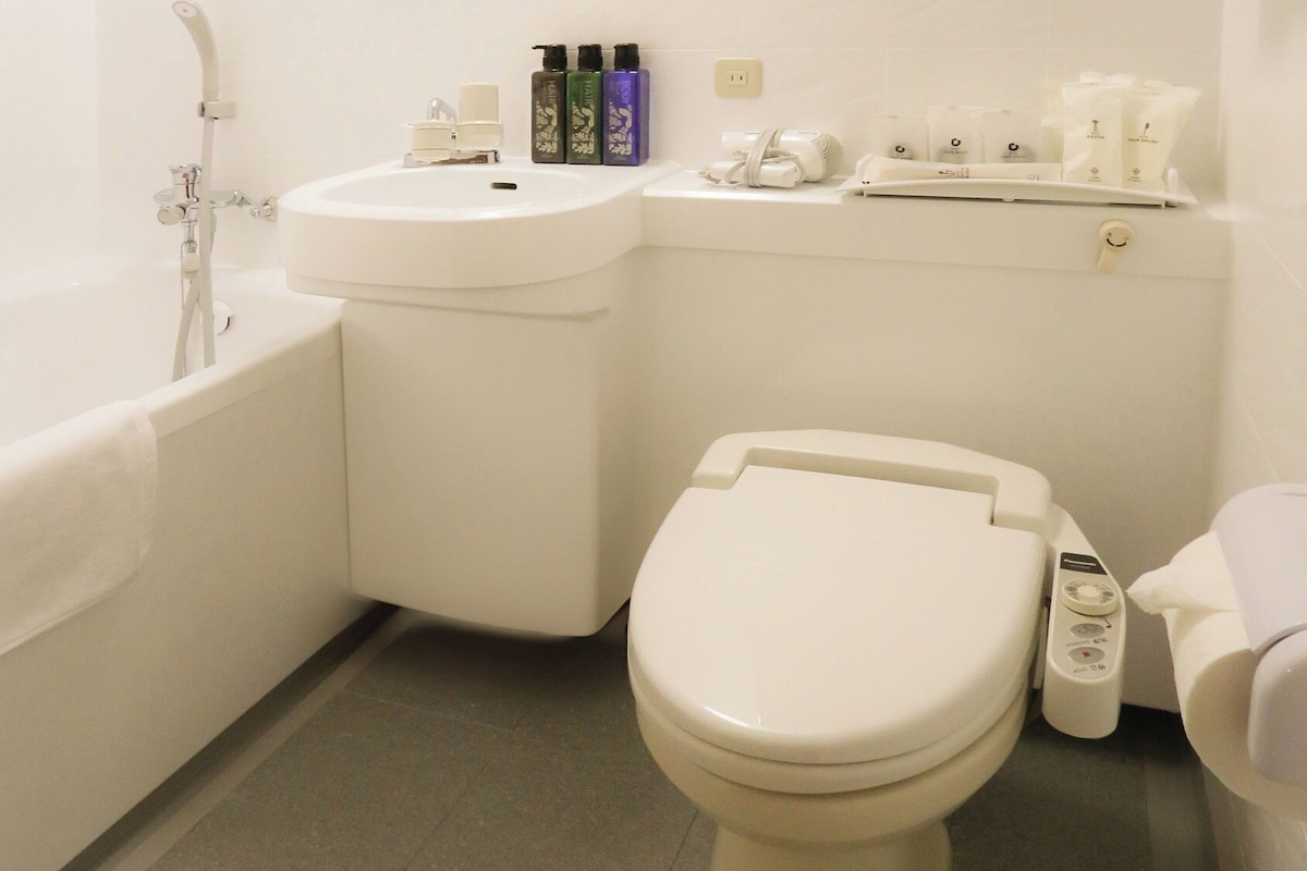 Free toiletries, hair dryer, slippers, electronic bidet