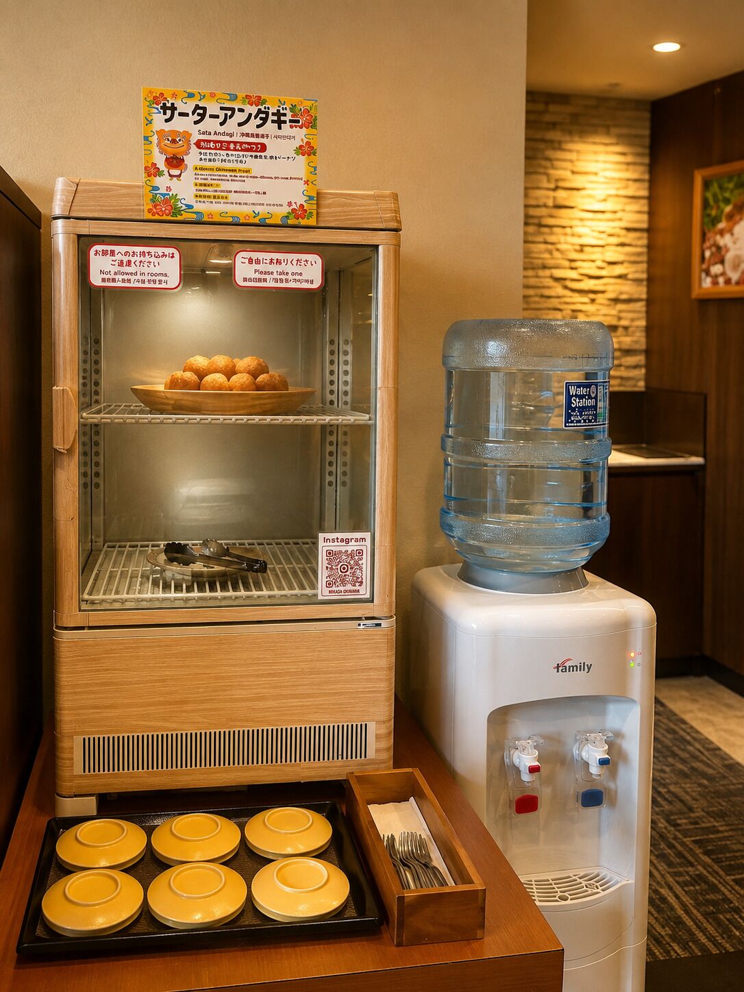 A self-service food station with a rice cooker, a water dispenser, and a tray of yellow plates.