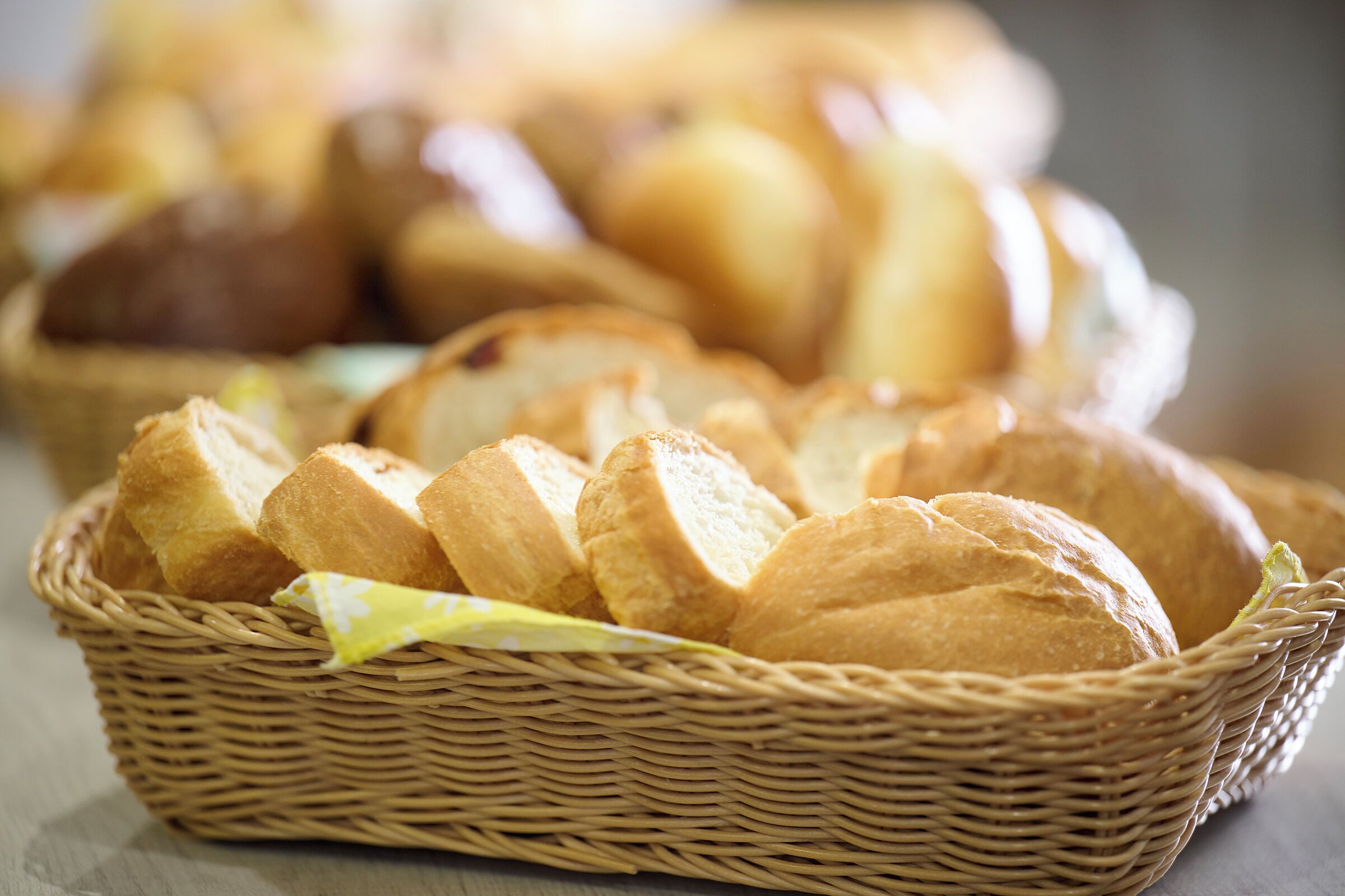 A basket of sliced baguettes.