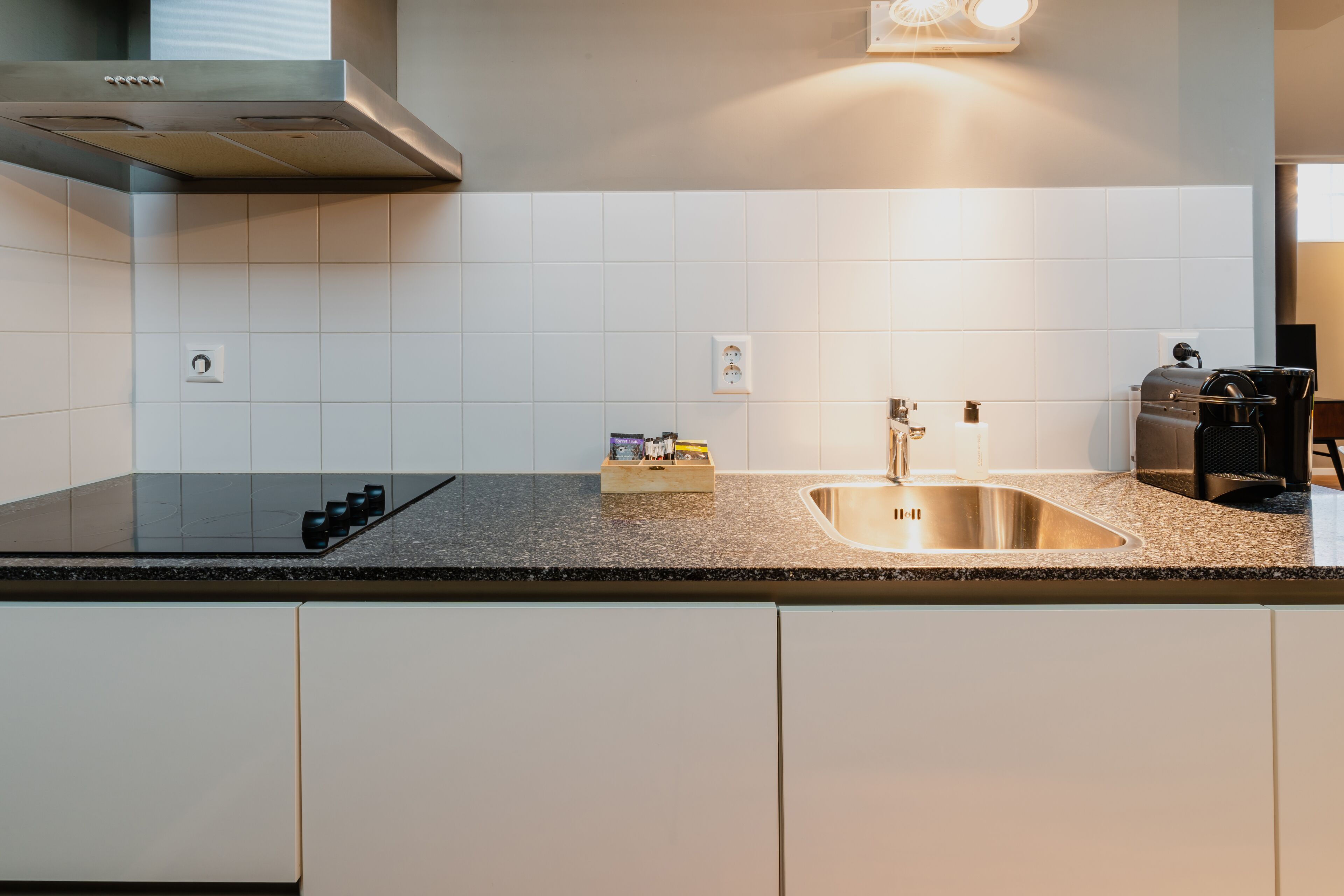 Una cocina moderna con un lavamanos de acero inoxidable, horno empotrado y extractor de humos.