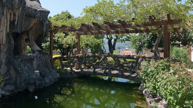 Un puente de madera rústico sobre un estanque, rodeado de follaje y un risco rocoso.