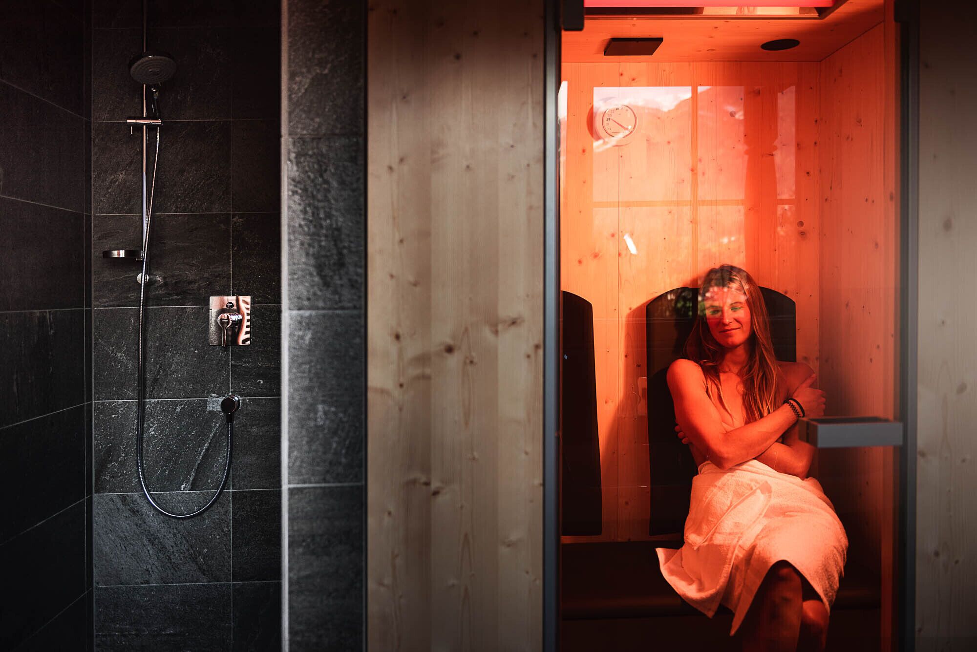 shower, hair dryer, bathrobes, heated floors