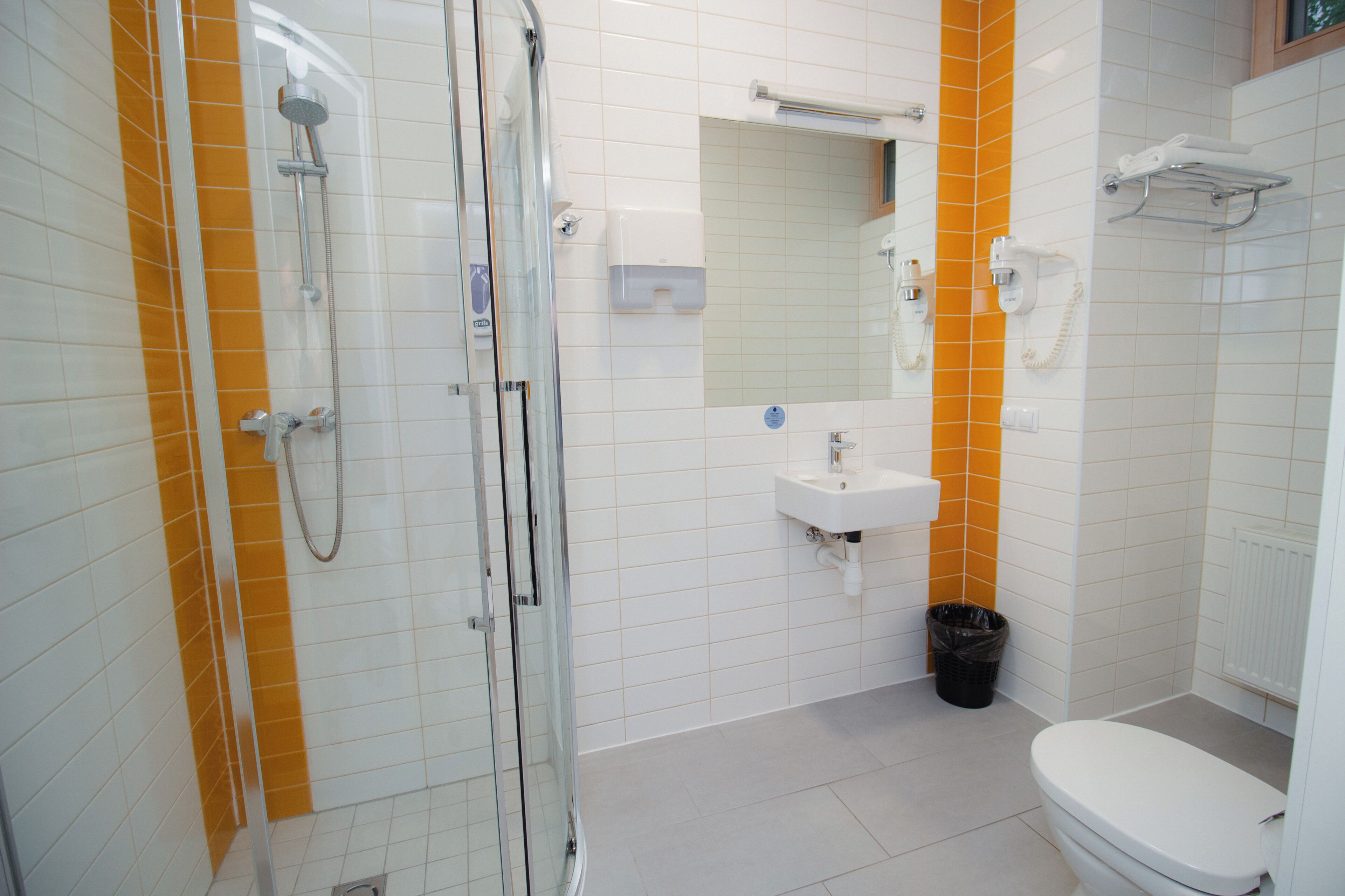 A bathroom with a shower, sink, mirror, and toilet.
