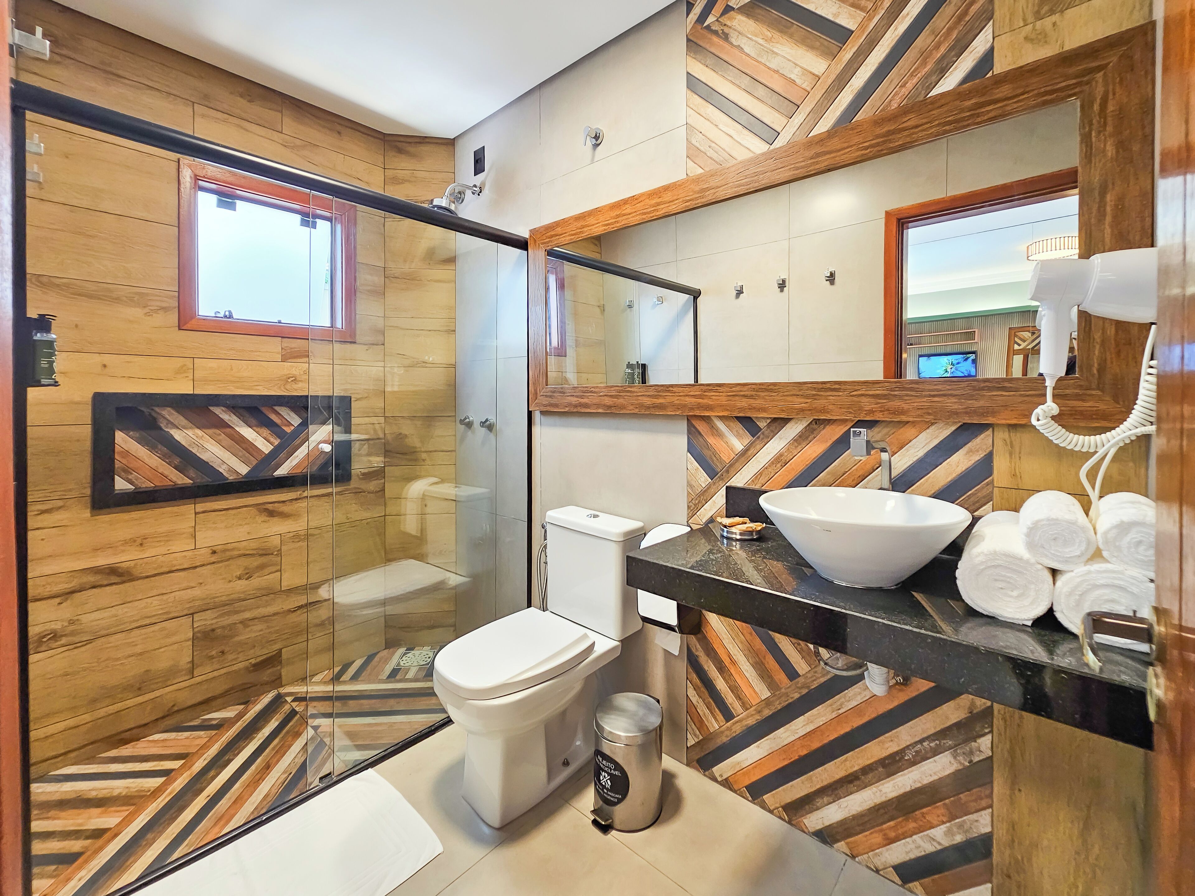 excellence apartment, pool view | bathroom | shower, free toiletries, hair dryer, towels