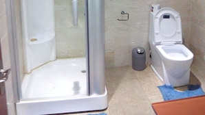 A bathroom with a glass-enclosed shower, a toilet, and a trash bin.