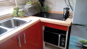 A compact kitchen with a sink, a microwave, and a refrigerator.