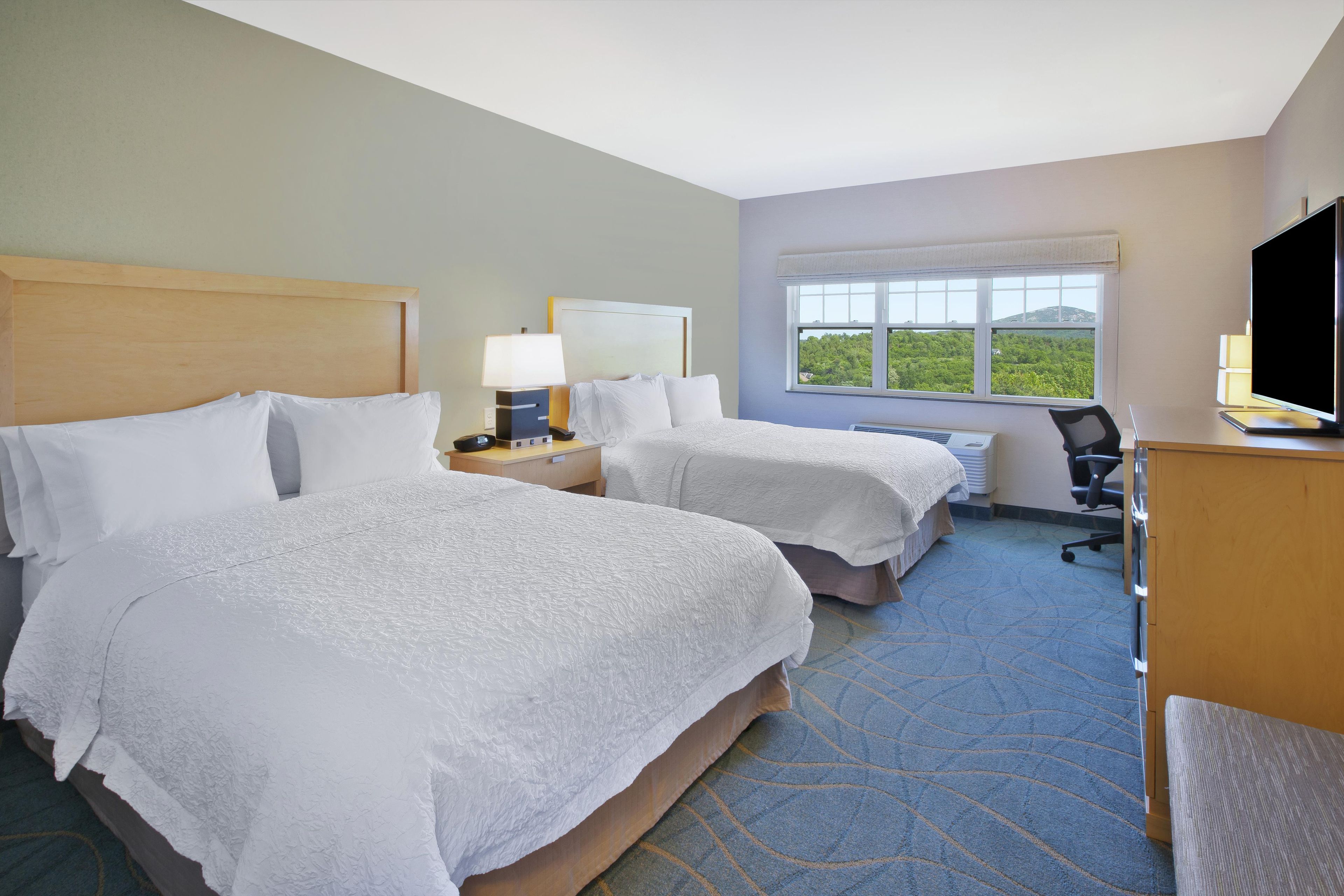 A hotel room with two beds, a desk with a computer, a chair, and a window with a view of greenery.