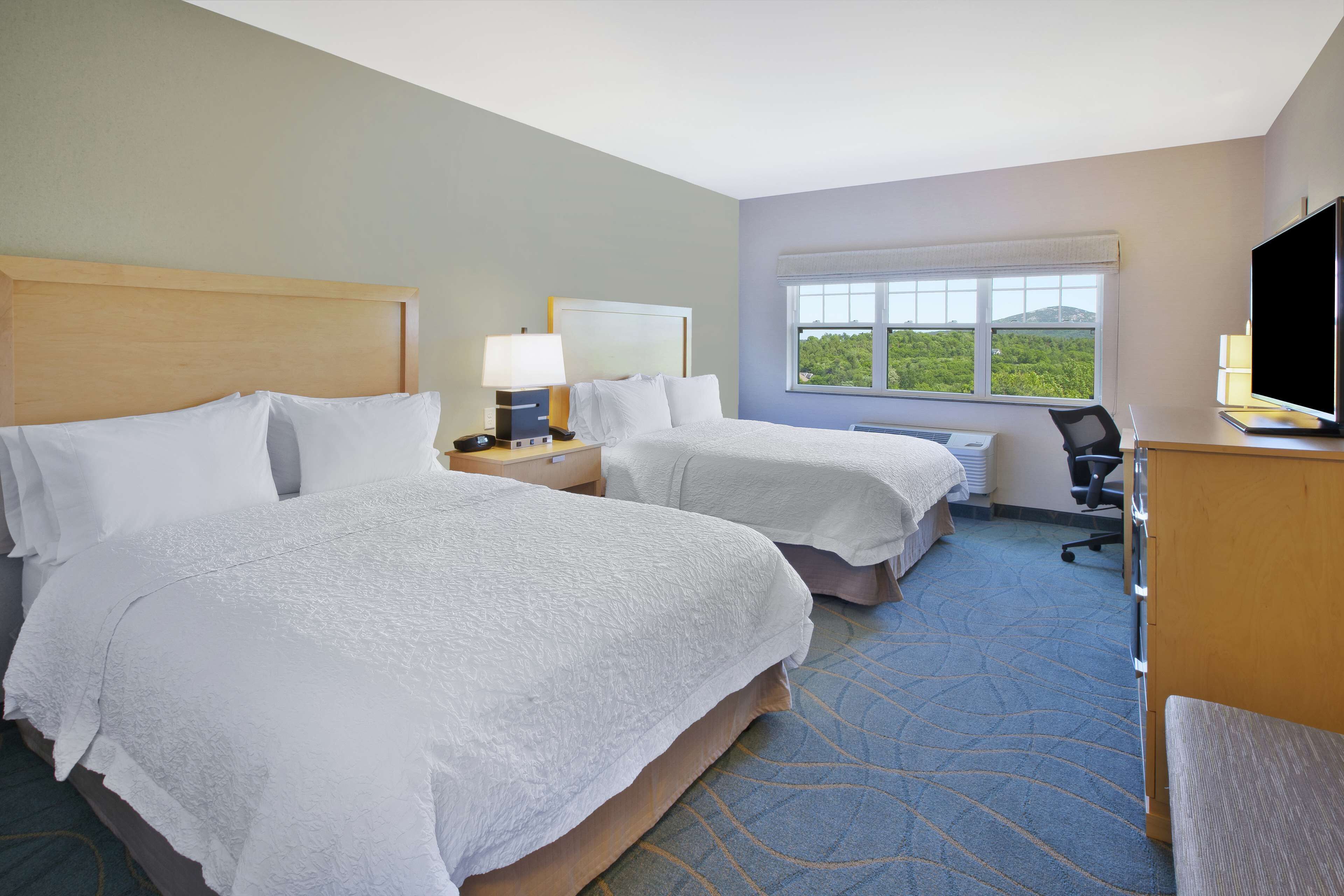 A hotel room with two beds, a desk, a chair, a TV, and a window with a view.